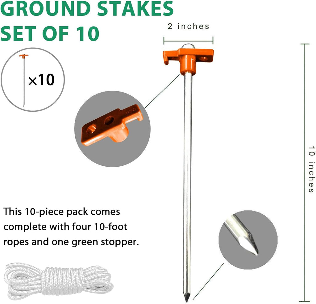 Eurmax USA 10-Pack Secure Protection Galvanized Tent Stakes,Rust-Proof Steel Canopy Anchors for High Winds,Heavy Duty Commercial Ground Pegs for Camping,Pop Up Tents&Gazebos - Includes 4x10ft Ropes