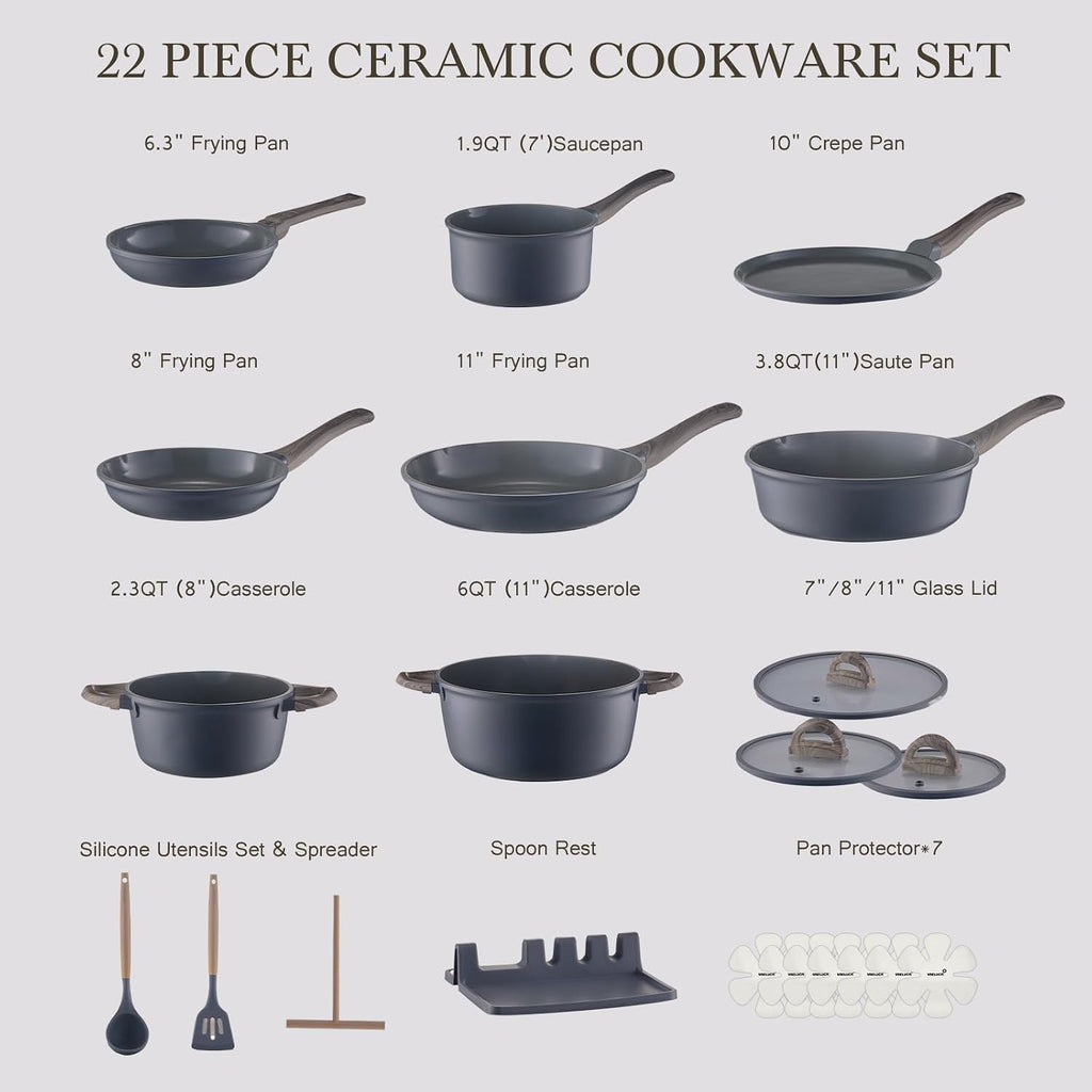 USELUCK 22-Piece Ceramic Cookware Set, Nonstick Pots and Pans Set