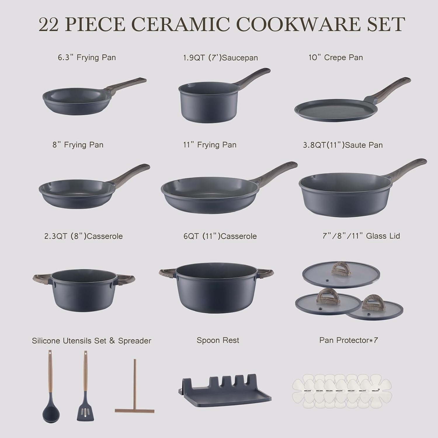 USELUCK 22-Piece Ceramic Cookware Set, Nonstick Pots and Pans Set