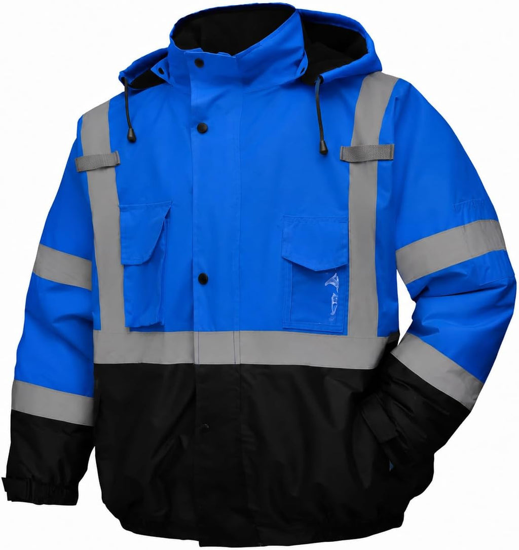 Safety jacket for men,Reflective high Visibility Hooded jacket,Hi-Vis Bomber Jacket with Pockets and Zipper,Waterproof,Black Bottom,ANSI/ISEA 107-2020 Type R Class 3,Black