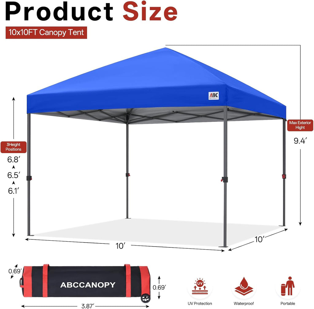 ABCCANOPY 10x10 Pop Up Canopy Tent, Easy Setup Instant Canopy with Wheeled Bag, Heavy Duty Outdoor Canopy for Beach, Market, Backyard, UV Protection, Outdoor Weather Protection (Royal Blue, 10x10)