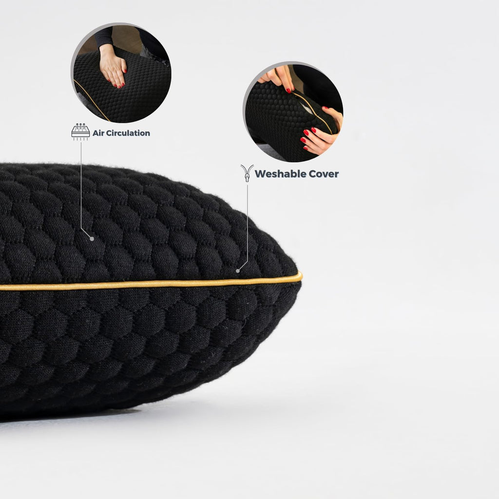 Memory Foam Travel Pillow with Washable Cover & Carry Bag – Compact, Soft & Breathable Neck Pillow for Airplane, Camping & Car (Black- Without Spare Cover, 15.7x9.8x3.9 inches)