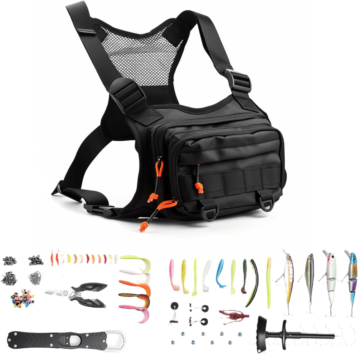 All in One Fishing Chest Pack Tackle Bag with Tackle Box, Fishing Lures Kit