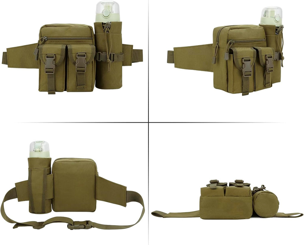 DOB SECHS Hiking Waist Bag with Detachable Water Bottle Holder and Adjustable Waist Belt Oxford Fanny Pack for Men Women Causal Belt Bag for Travel Outdoor Fishing Running Hiking Hunting,Khaki