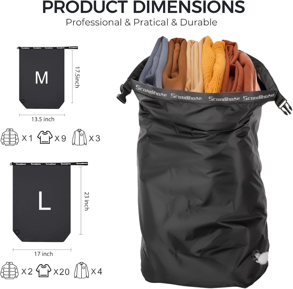 Travel Compression Laundry Bag, Pump-Free Vacuum Space Saver Bag for Dirty Clothes, Reusable Waterproof Wet Dry Bag, Travel Laundry Bag for Luggage, Packing, Suitcase (1 Pcs)（Black, L)