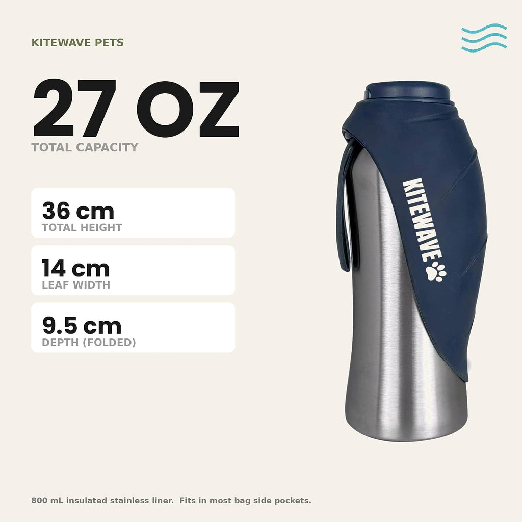 Kitewave Portable Dog Water Bottle, 27 oz Stainless Steel Pet Water Bottle with Flip-Up Leaf Bowl, Leakproof One-Press Dispenser for Walking, Hiking & Travel, BPA-Free, All Dog Breeds (Silver)