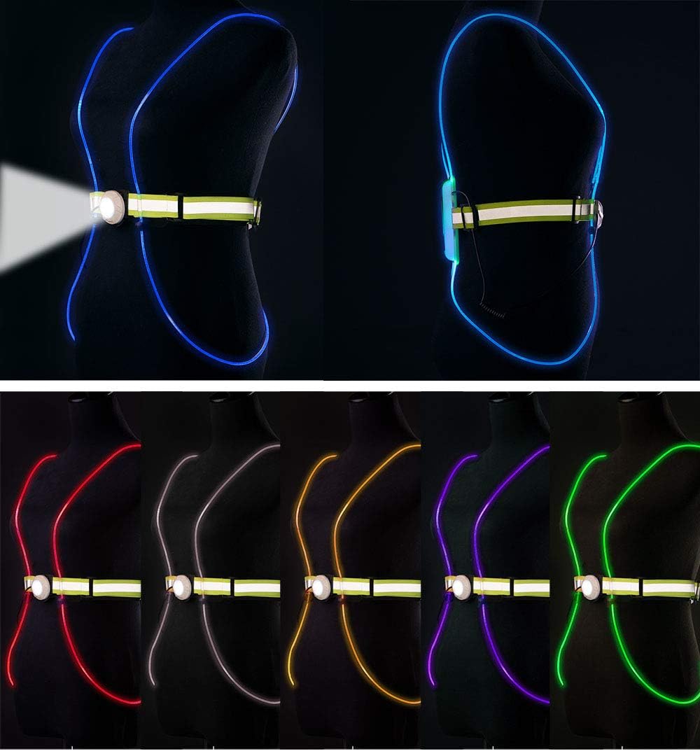 LONGU Led Running Reflective Vest Safety Night Light USB Rechargeable Cycling Multicolored Fiber Optics Suit Women Men Kids Adjustable Light Weight Gear for Jogging Biking