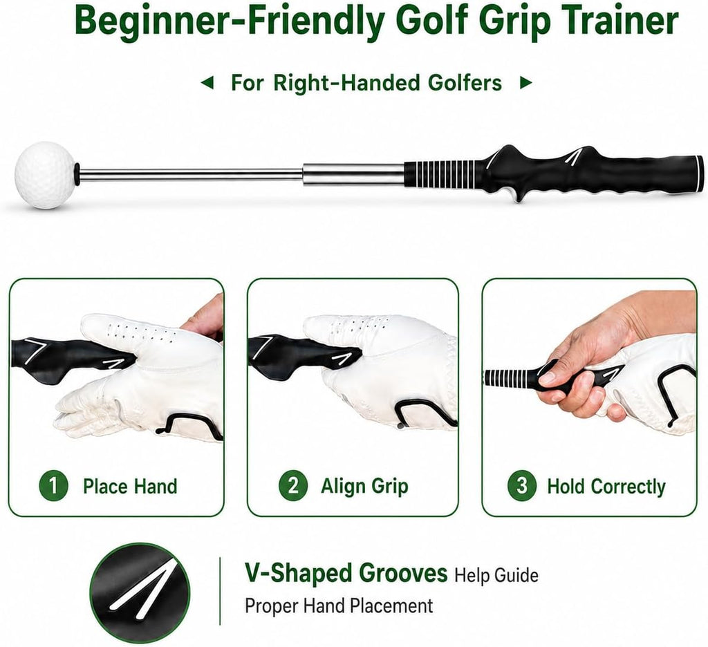 5-in-1 Retractable Golf Swing Trainer, Training Aid with Grip Trainer, Grip Correction for Beginners & Tempo Training for Advanced, Click Feedback, Right/Left-Handed