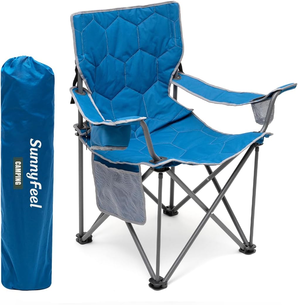 SUNNYFEEL Camping Chairs for Adults, Padded Oversized Camping Chair Heavy Duty 500LBS, Portable Lawn Chair with Cup Holder, Side Pocket&Bag for Outdoor Camping/Beach/Picnic/Fishing, Black