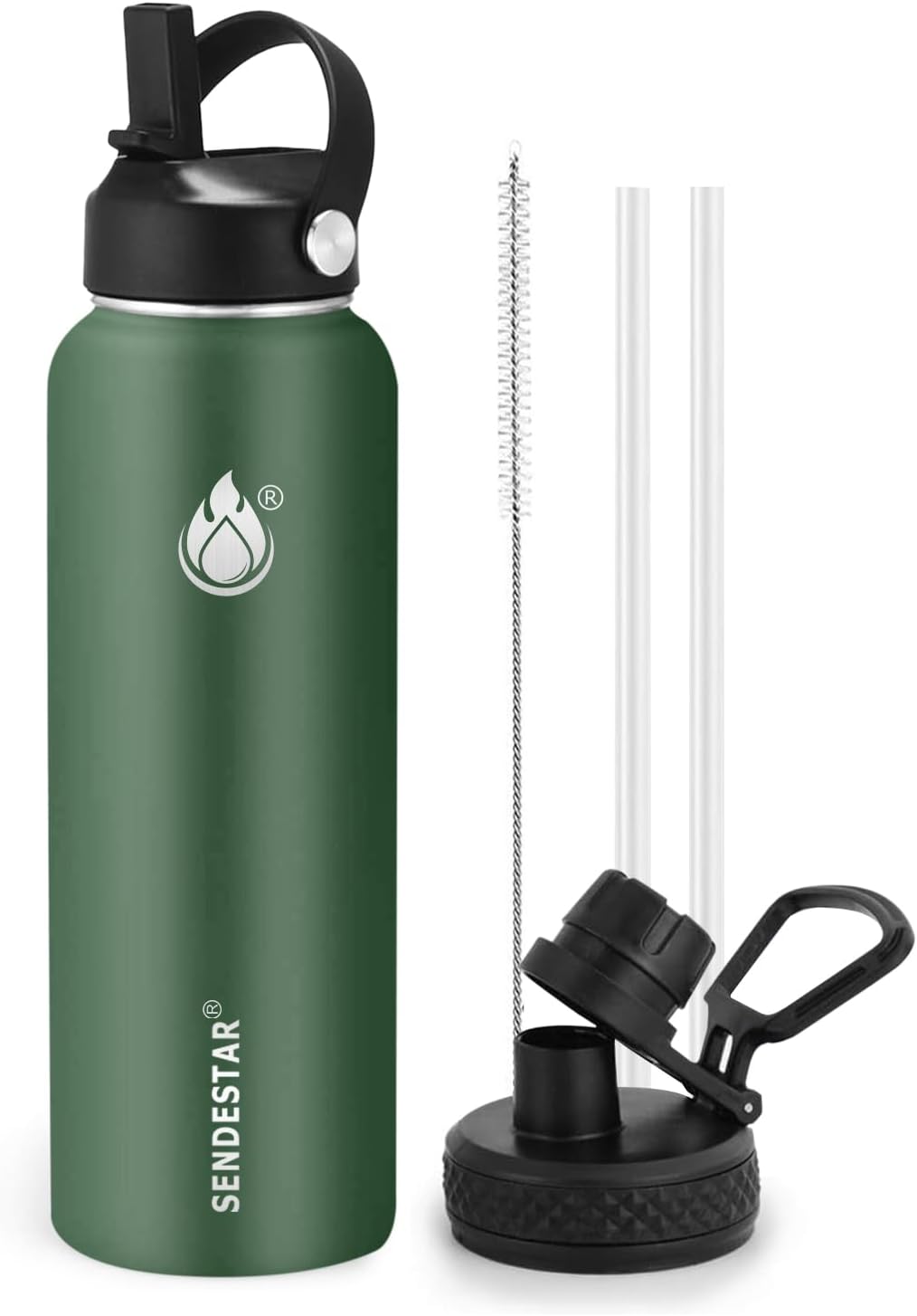 SENDESTAR Insulated Water Bottle 24 OZ, Wide Mouth 24 oz Water Bottle with Straw Lid, Spout Lid, Double Wall Vacuum Stainless Steel Leak Proof, Keeps Liquids Hot or Cold (Black)