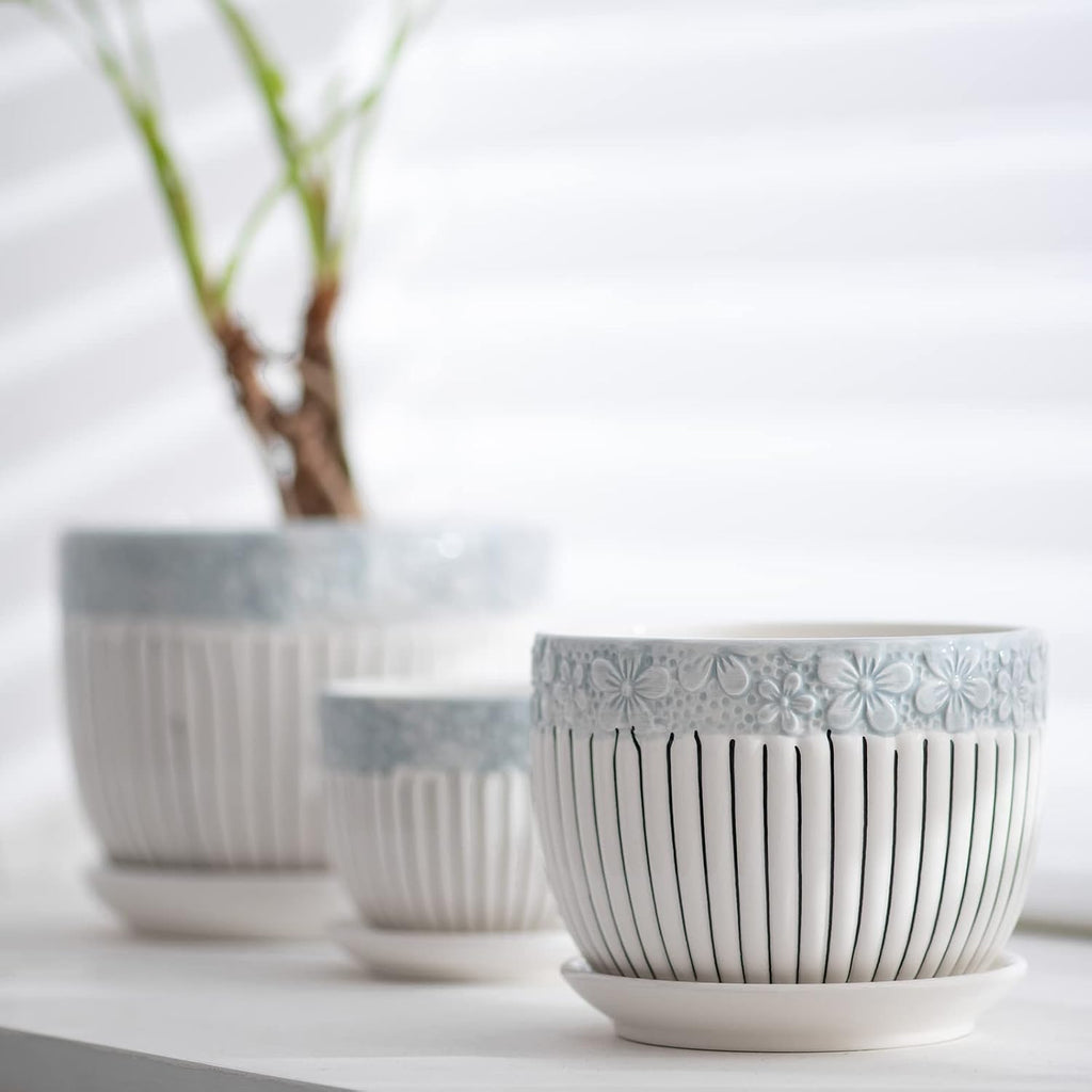 Gray Flower Pots, Texture Ceramic Plant Pots for Indoor Plants Set of 3