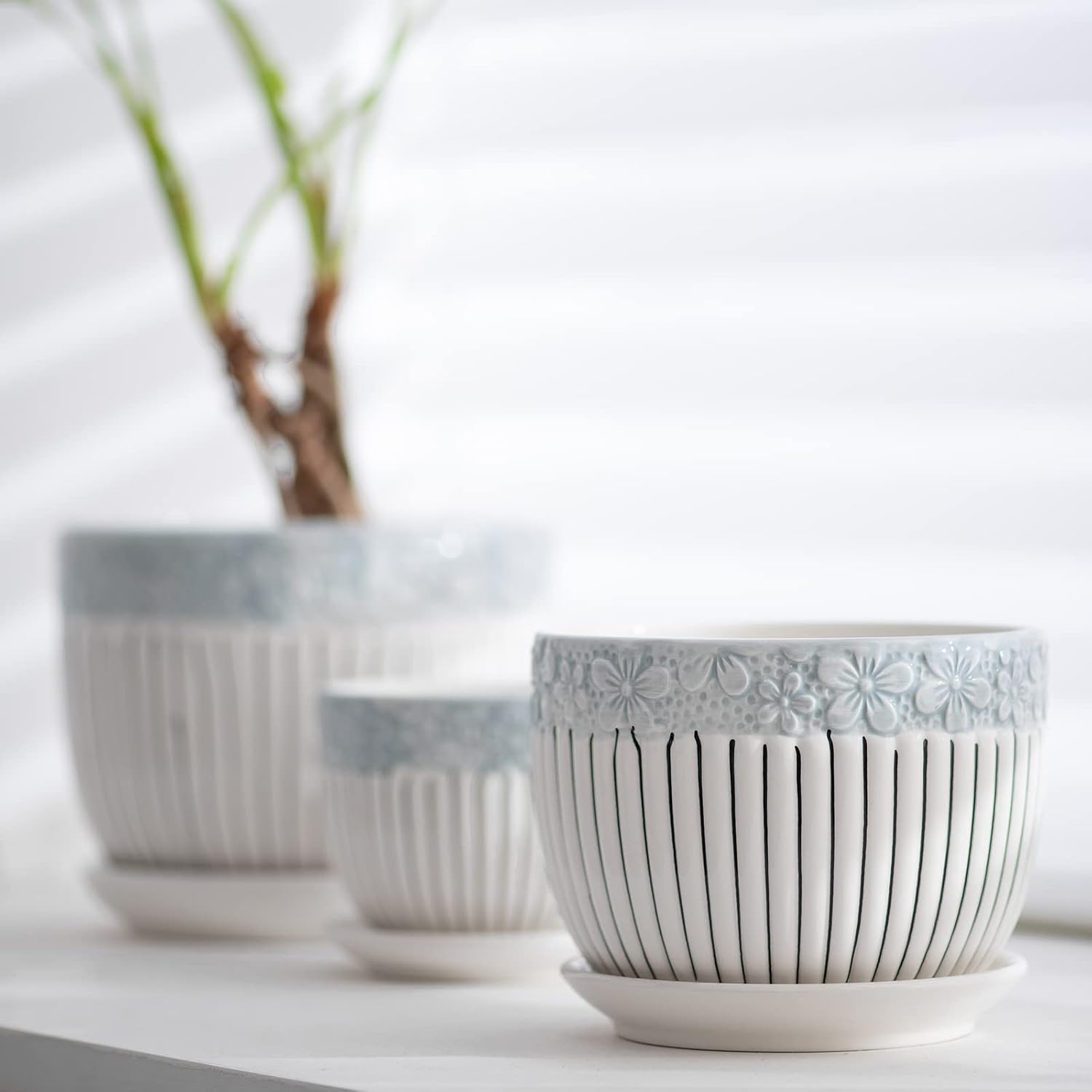 Gray Flower Pots, Texture Ceramic Plant Pots for Indoor Plants Set of 3