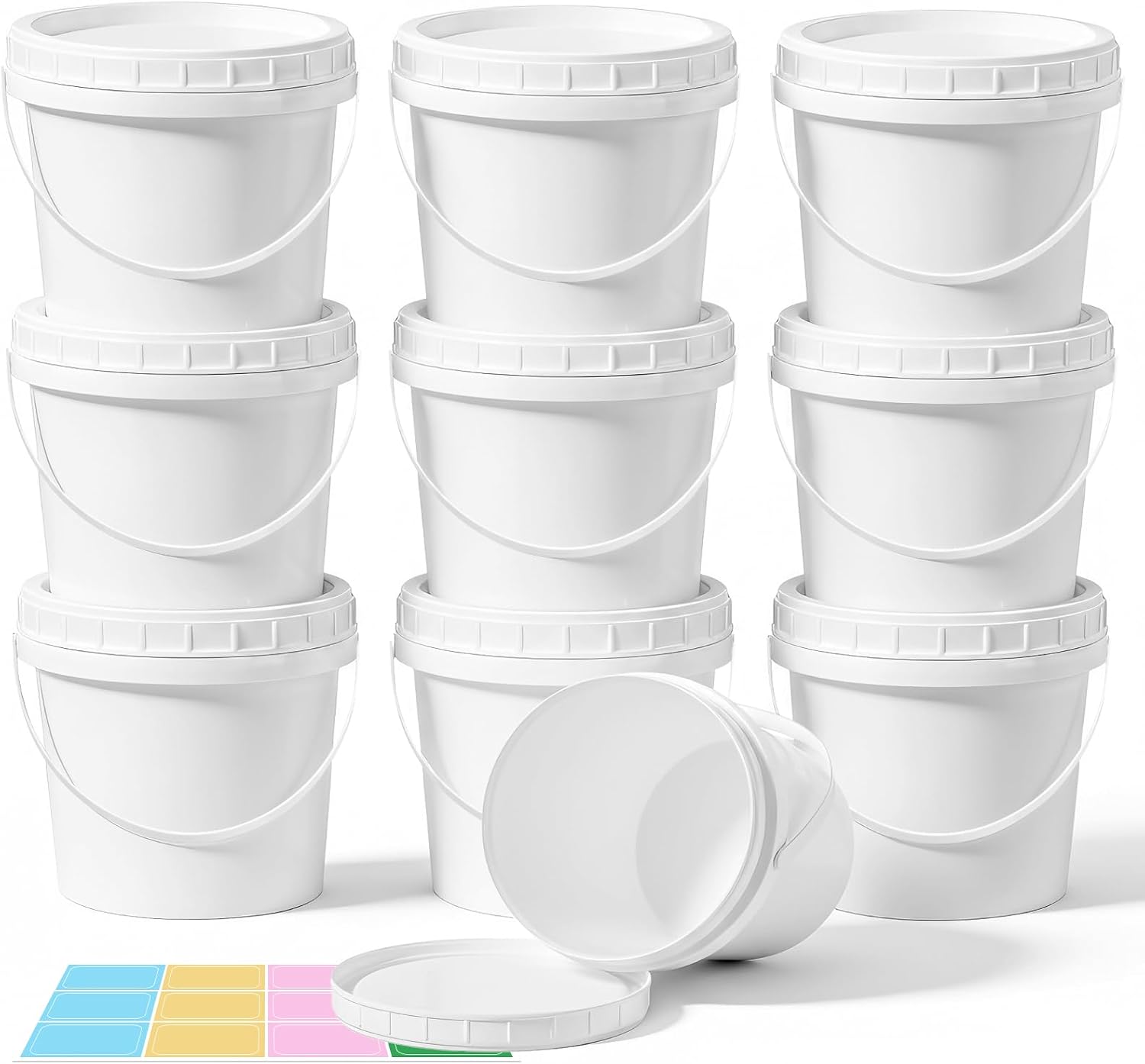 ASEVAT 10 Pack 67OZ/2000ML Airtight White Plastic Bucket with Lid & Handle, Food Grade Reusable Tub - Freezer & Microwave Safe for Ice, Ice Cream, Sauce, Soup & Party
