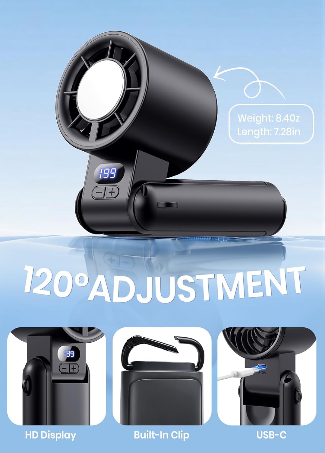 Portable Handheld Turbo Fan, 1-199 Speed Adjustable, Black