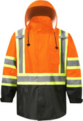 Reflective Rain jackets for men waterproof,Hi Vis Safety Coat With Reflective Strips，High Visibility Class 3 Rain jackets With 2 large pockets，Zipper,Orange,4XL/5XL