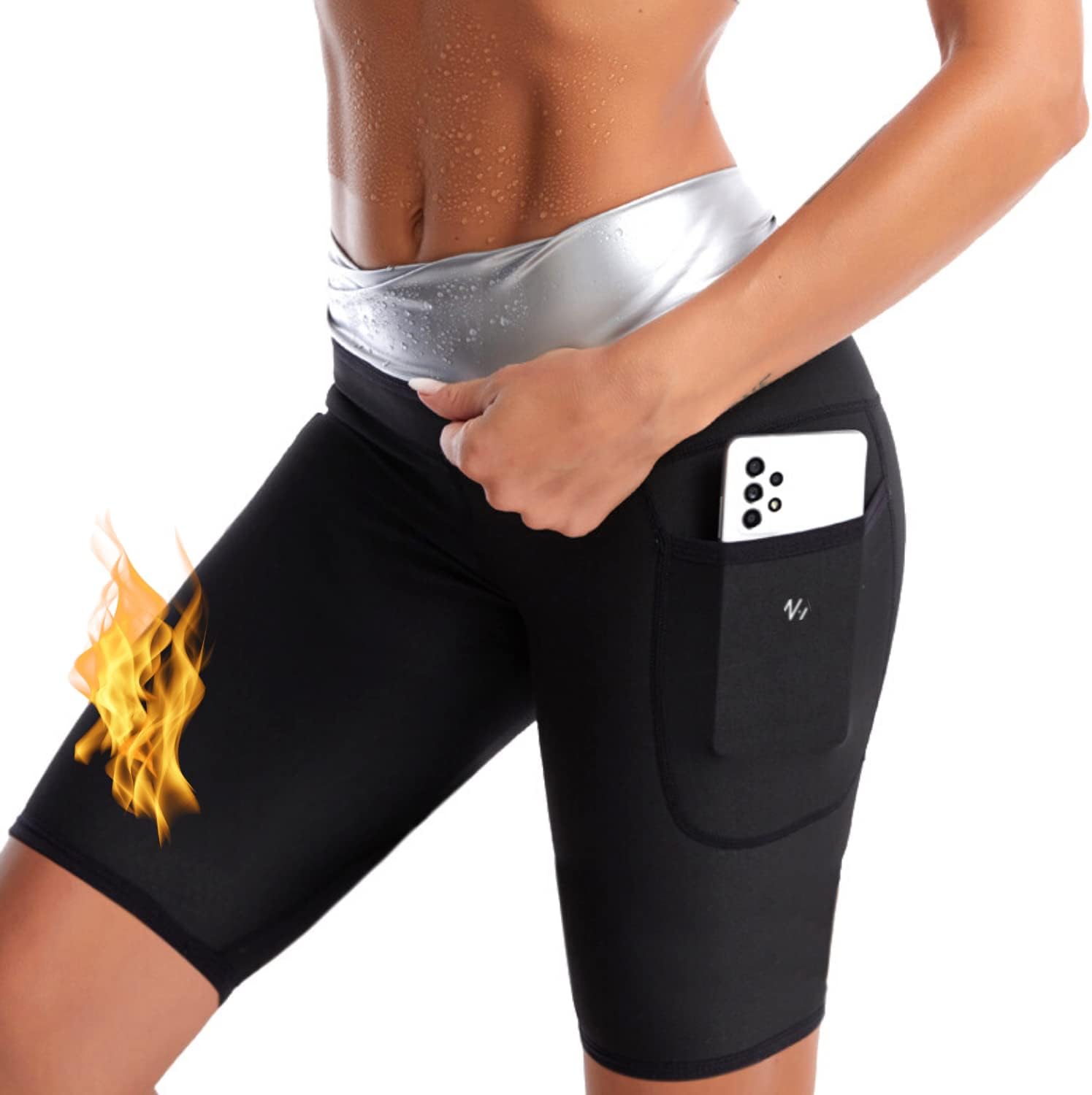 Nano Hertz Sauna Sweat Suit Shapewear Shorts Pockets Waist Trainer Body Sweatsuit Exercise Fitness Gym Women Girl