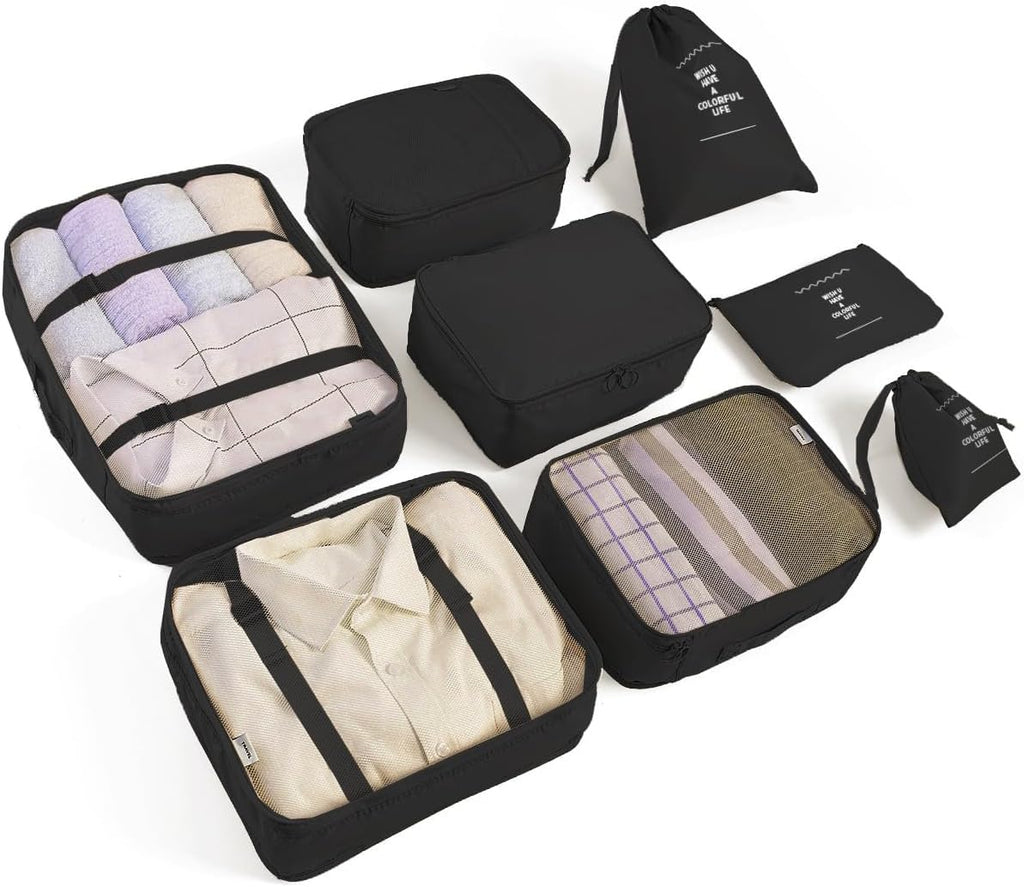 LANSKLBD 6/8 Set Packing Cubes for Suitcases Travel Luggage Packing Organizers,Travel Accessories Essentials Luggage Organizer with Shoe/Tioletry/Laundry Bag (Black, 8 set)