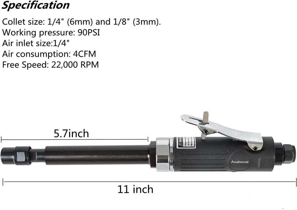 Extra Long Extension 1/4" and 1/8" Straight Air Die Grinder, High Speed Extended Long Shaft Air Die Grinder Tool