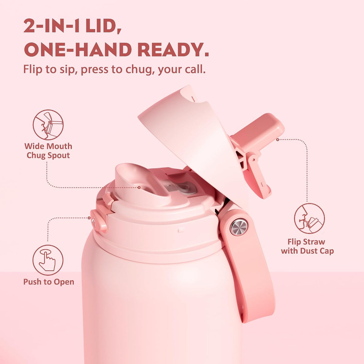 POWCAN 40 oz Insulated Water Bottle: 2-in-1 Push-Button Spout & Quick-Flip Straw, Leakproof, Cold 24Hrs, Fits Car Cup Holder, Stainless Steel Water Bottle for Sports, Travel, School (Cotton Candy)