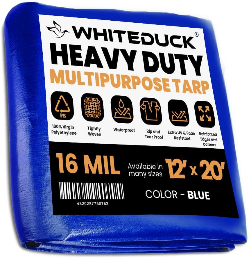 WHITEDUCK Super Heavy Duty Poly Tarp Cover 16 Mil with Grommets and Reinforced Edges (Blue - 16 Mil, 12' x 20')