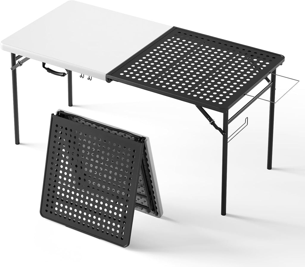 Folding Table, 5ft Folding Grill Table, Portable Camping Table for Cooking & BBQ Grill, 2-in-1 Metal&Solid Surface Grill Table Foldable for Party Cooking, Backyard, Patio Use,(Black and White)
