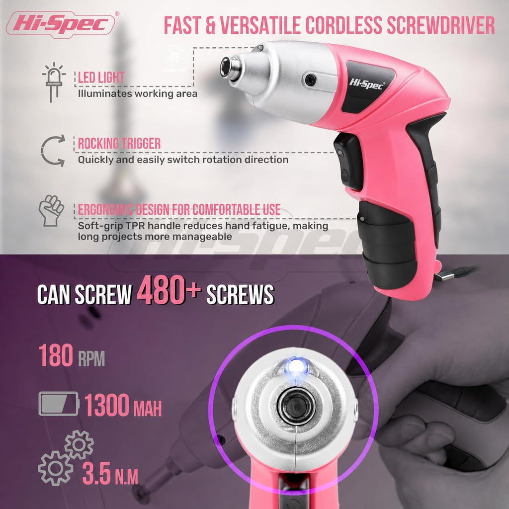 Hi-Spec 3.6V Cordless Electric Screwdriver and Tool Kit for DIY, Pink