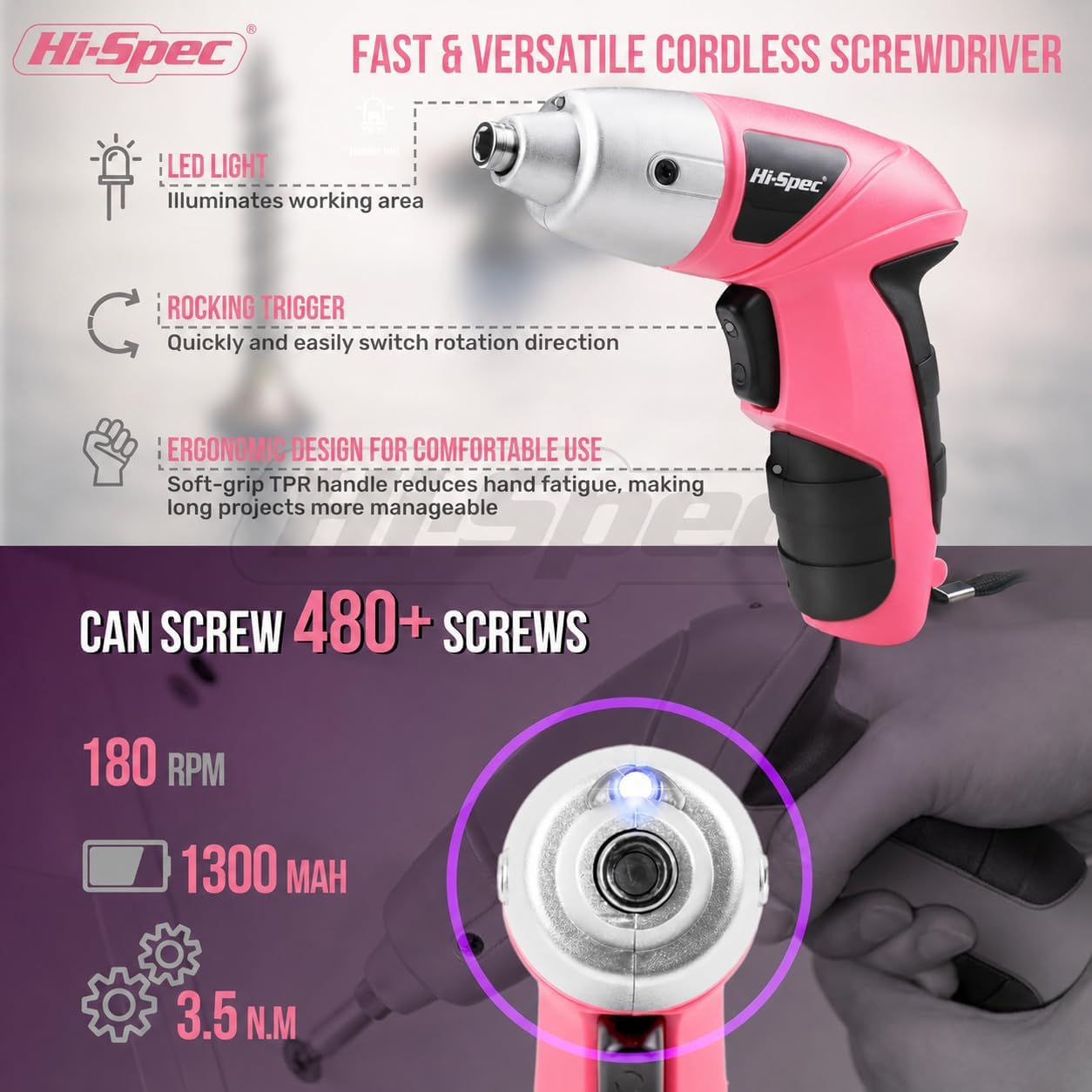 Hi-Spec 3.6V Cordless Electric Screwdriver and Tool Kit for DIY, Pink