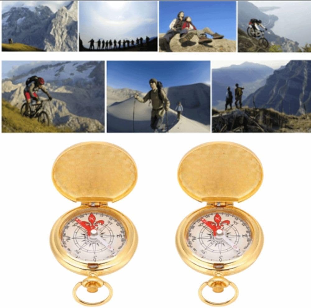 2 Pcs Golden Antique Navigation Compass Keychain – Water Proof Flip-Open Pocket Compass for Outdoor Camping & Hiking