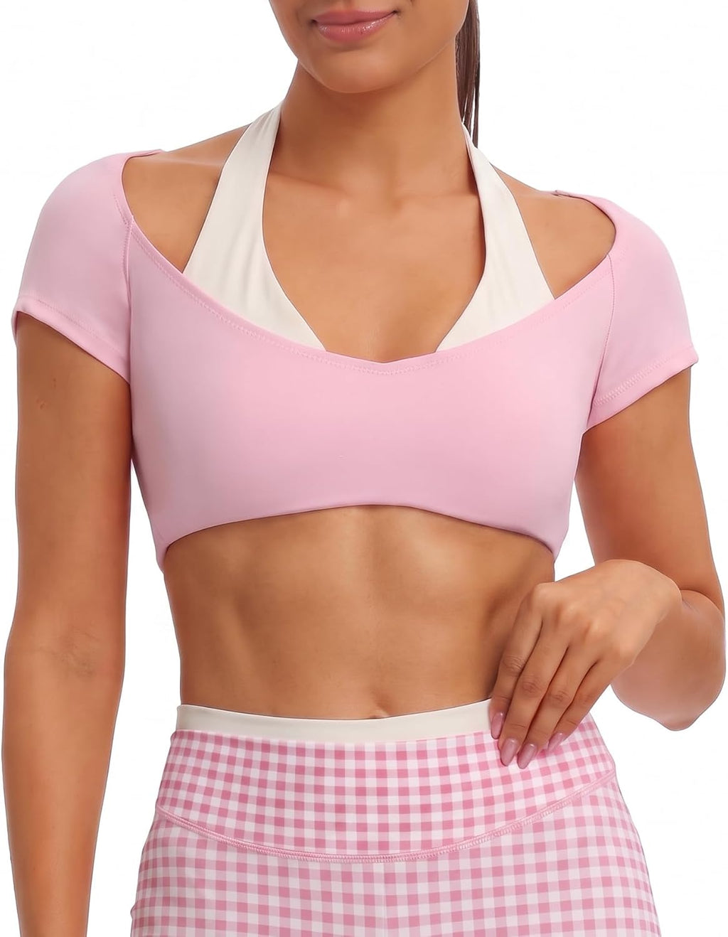 Aoxjox Dual Core Halter Short Sleeve Crop Top