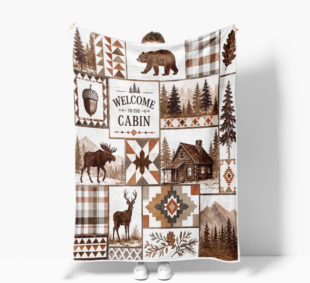 Rustic Cabin Throw Blanket, Bear Deer Moose Patchwork Lodge Home Decor
