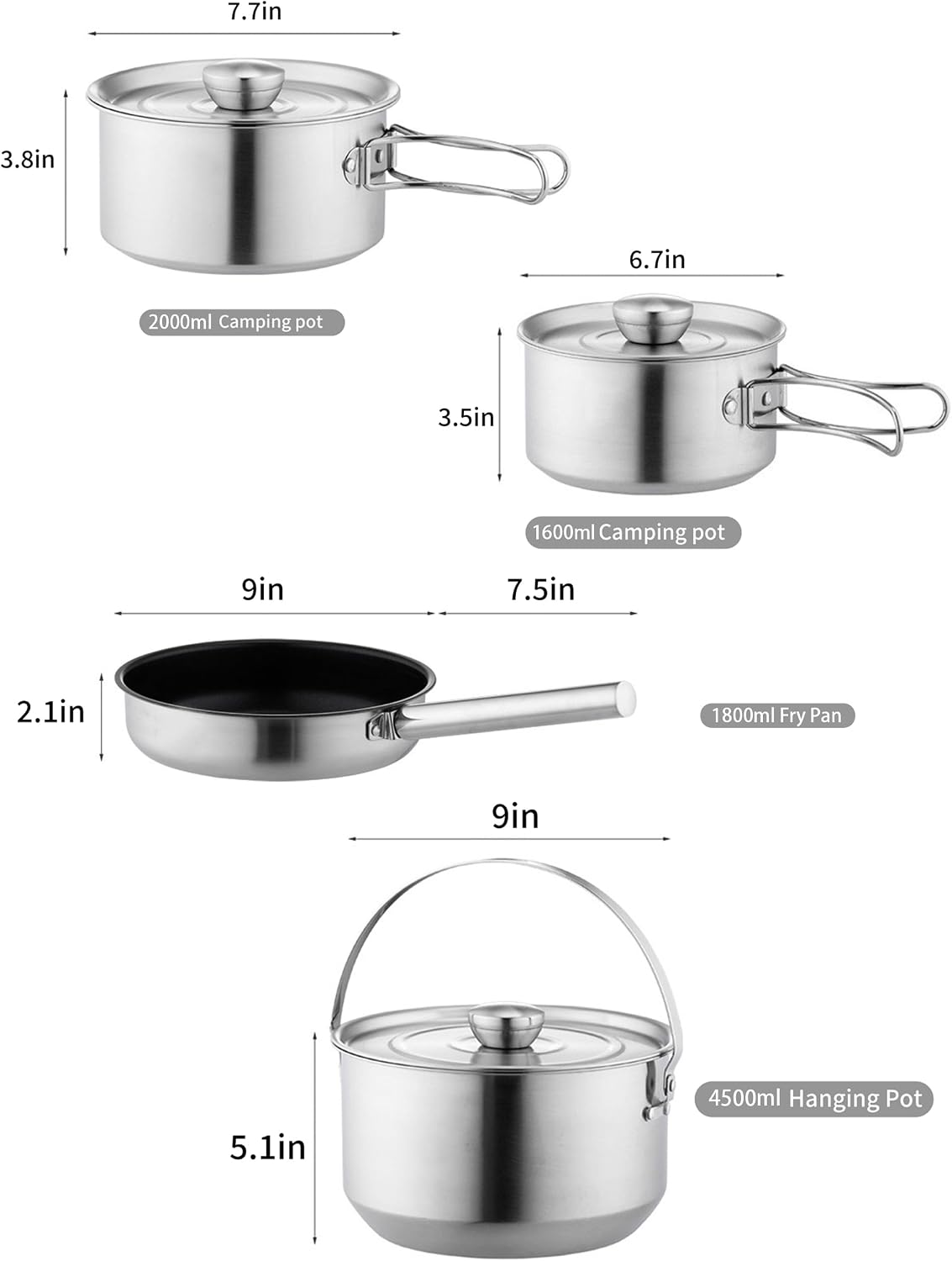 CompactKit Camping Cookware Set Stainless Steel Pots and Pan with Detachable Handle and Oxford Cloth Bag, for 4-8 Mess Kit with Utensils for Camp Kitchen, Picnic, BBQ, Traveling, Emergency