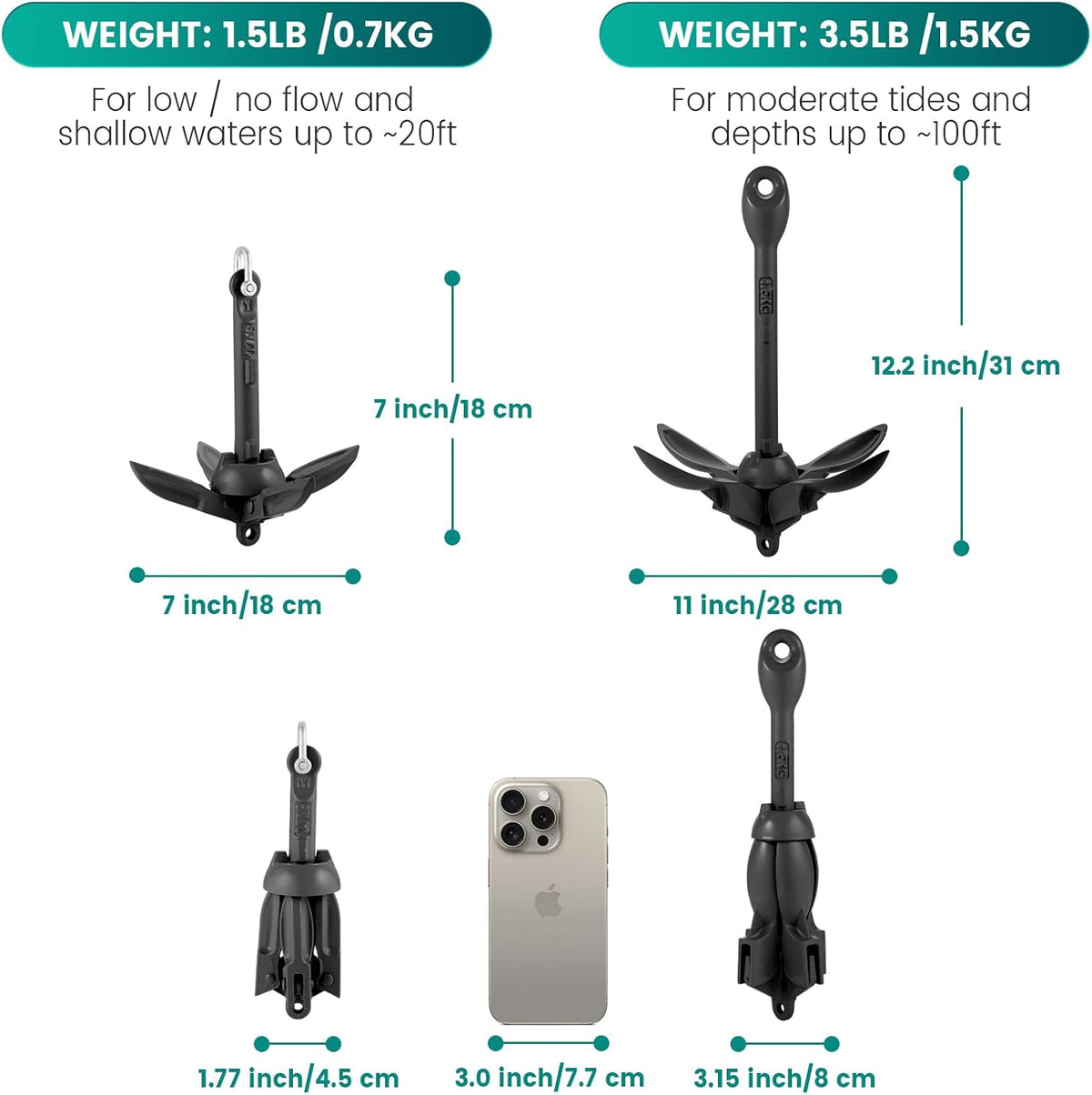 Kayak Anchor Kit, 1.5/3.5 lb Compact Folding Grapnel Anchor for Kayaks, Canoes, SUPs, Jet Skis, Small Boats - Lightweight Portable Marine Boat Anchor with Rust-Resistant Design