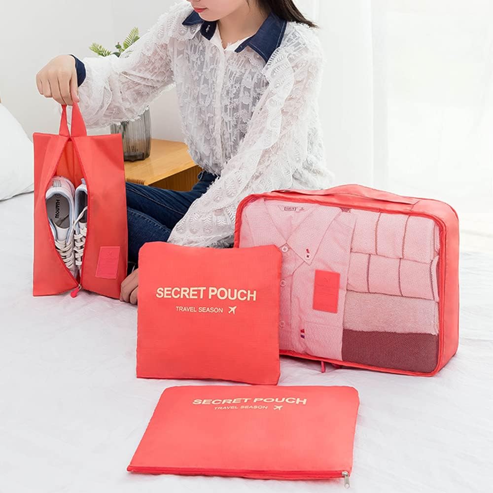 7 Set Packing Cubes Packing Organizers Travel Luggage Packing Organizers with Shoes Bag for Suitcase, Watermelon Red