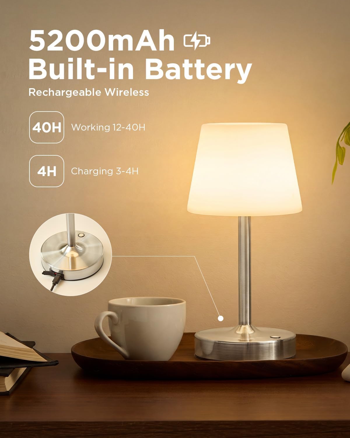 IP65 Waterproof Rechargeable Shower Lamp, Cordless Bathroom Touch Lamps