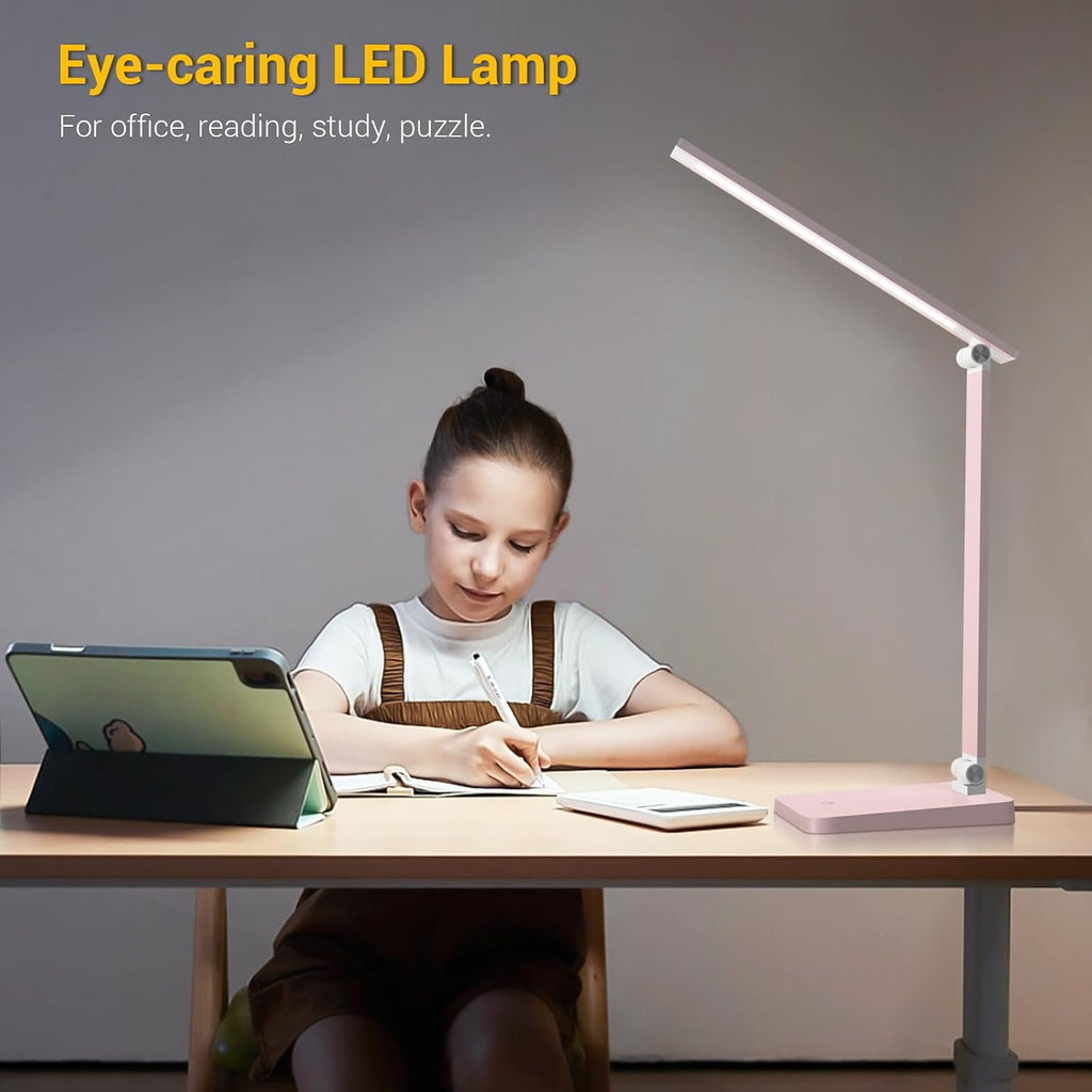 LED Desk Lamp for Home Office, 3 Levels Dimmable Desk Light with USB Charging Port, Reading Lamp for Table Study Work Office Nail Craft Puzzle, Pink, 5000K
