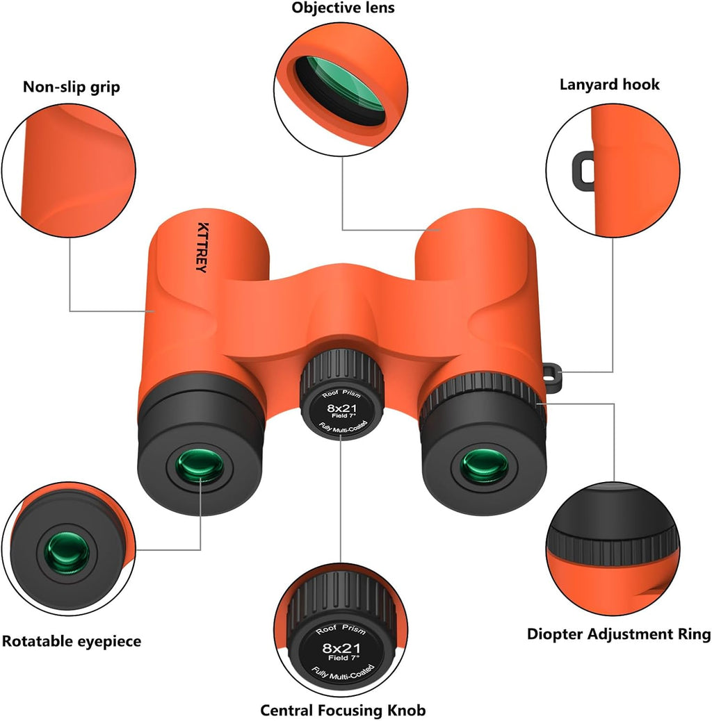 8x21 Compact Binoculars for Adults and Kids, Lightweight Pocket BAK4 Prism FMC Lens, Waterproof Shockproof for Bird Watching Travel Camping Concerts Hiking (Orange)
