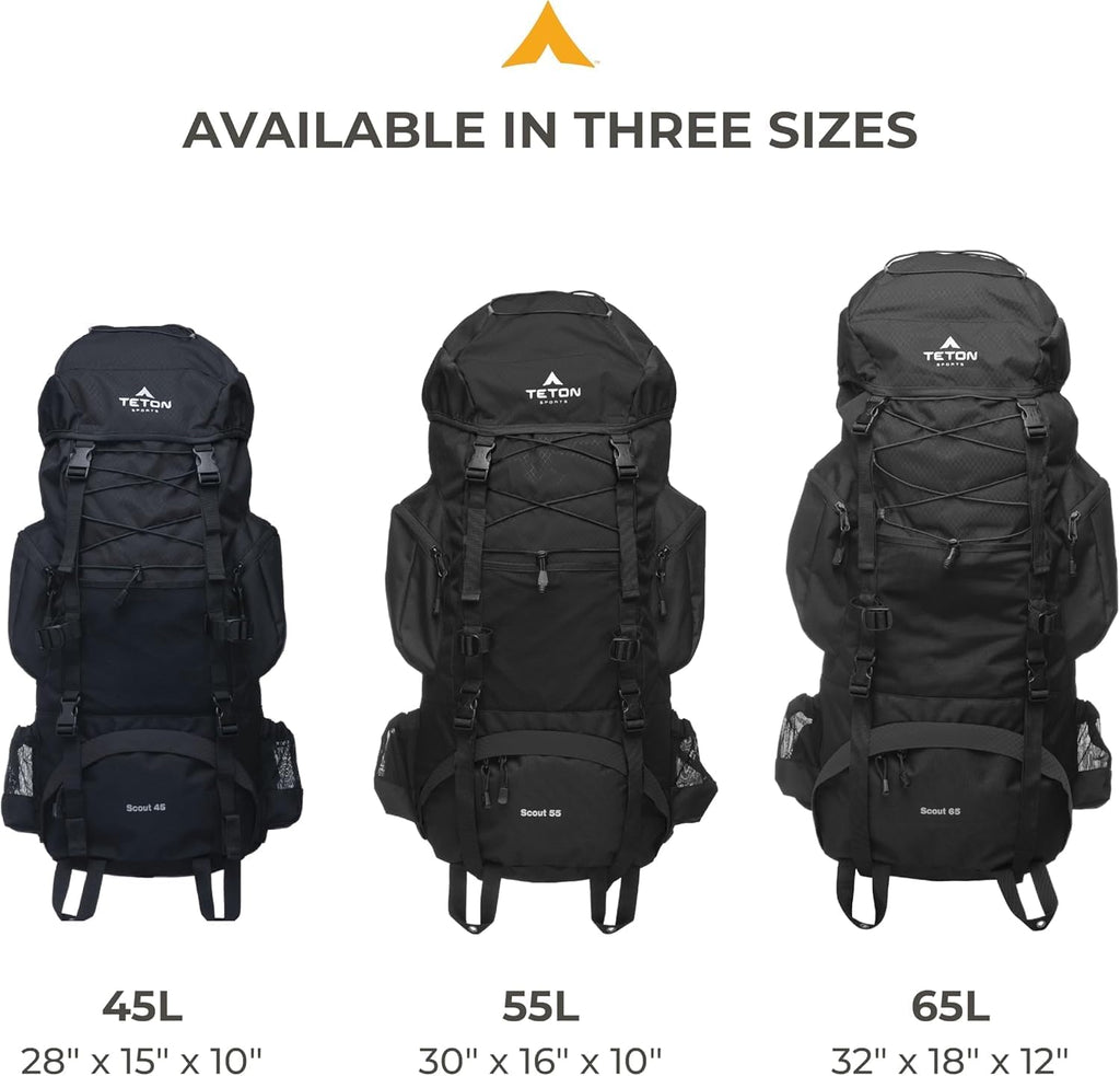 Teton 55L Scout Internal Frame Backpack for Hiking, Camping, Backpacking, Rain Cover Included, Pacific