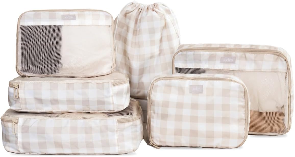 Jadyn Packing Cubes for Travel, 6-Piece Large Packing Cube Organizer Set for Suitcase, Duffel Bag, Luggage, Multiple Sizes Travel Essentials (Beige Gingham)