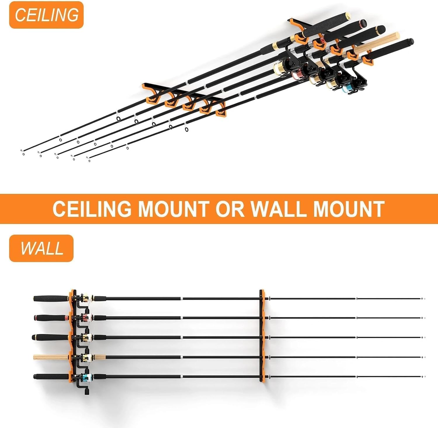 2 Pack Horizontal Fishing Rod Holders for Garage Wall & Ceiling, Anti-Scratch Soft PU Pad Rod Rack, Fishing Pole Storage Organizer Holds up to 10 Rod, Wall Mount Rod Keepers for Casting Rods