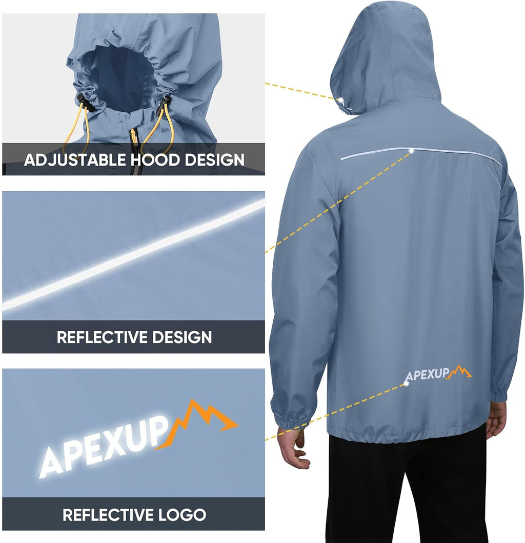 APEXUP Packable Rain Jacket Men Waterproof Lightweight Raincoat with Hood