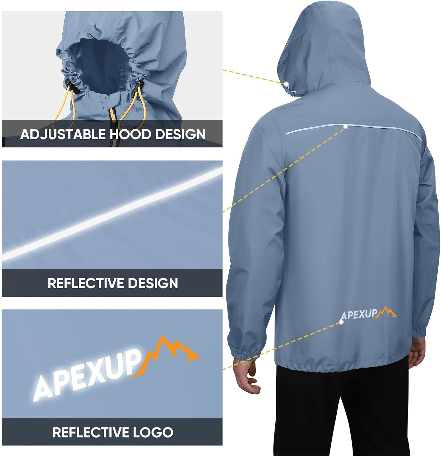 APEXUP Packable Rain Jacket Men Waterproof Lightweight Raincoat with Hood