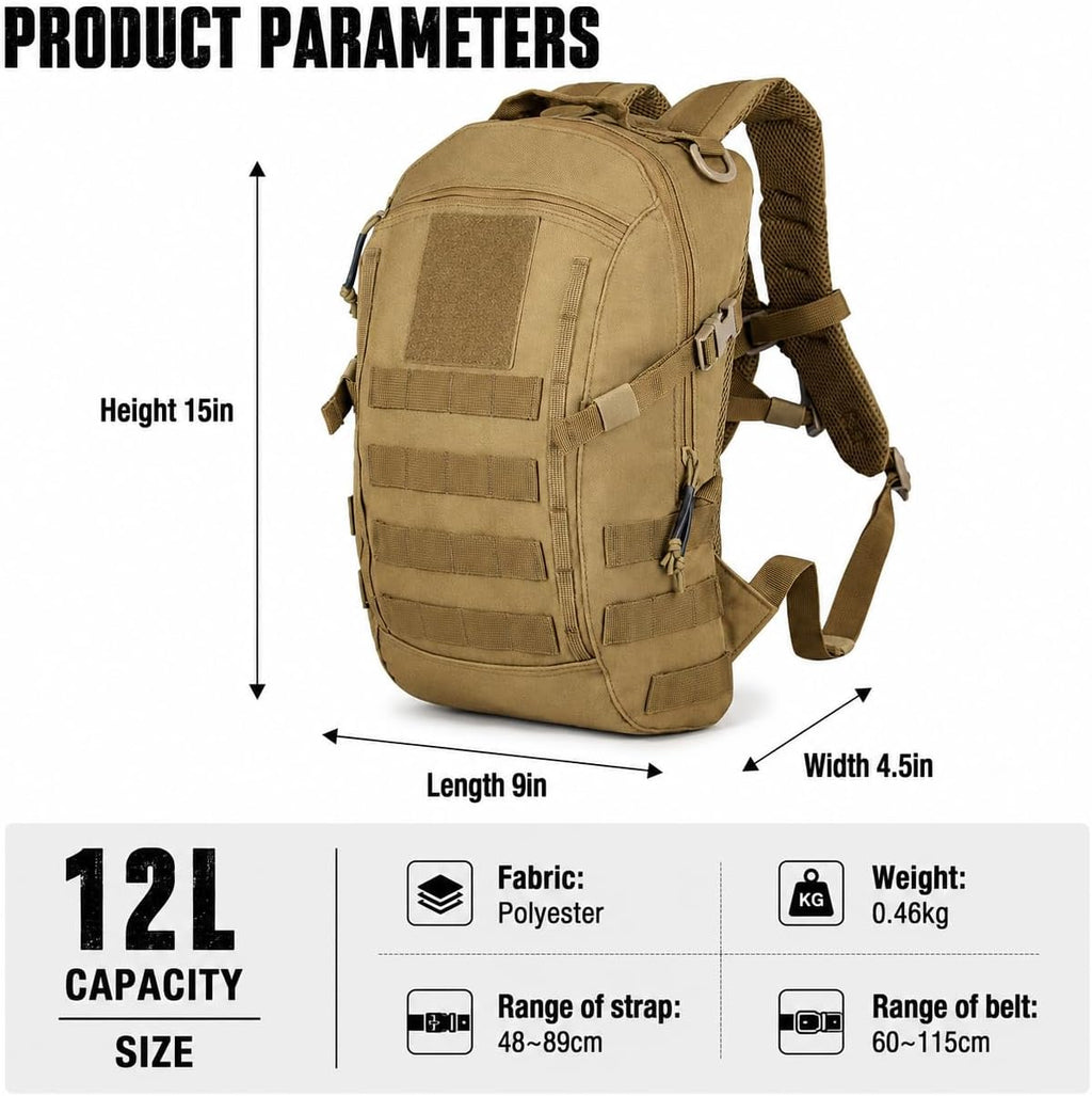 Small Tactical Hiking Backpack, 12L MOLLE Bookbag Daypack for Travel