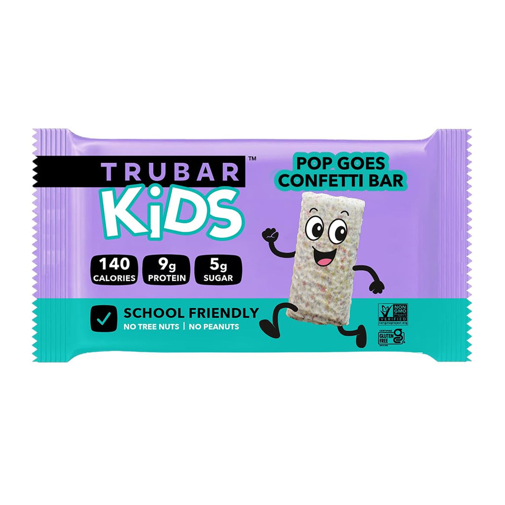 TRUBAR Kids Protein Bars, Pop Goes Confetti, Plant Based Protein, Gluten Free School-Friendly Snacks for Lunchboxes, Tree Nut and Peanut Free, Low Sugar, Healthy On the Go Snack Bars, 12 Count