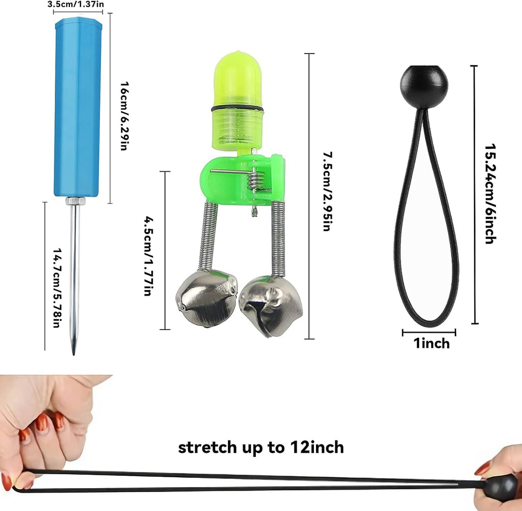 6pack Fishing Rod Holder Ground Support with Bite Alarm Bells, Bungee Cords