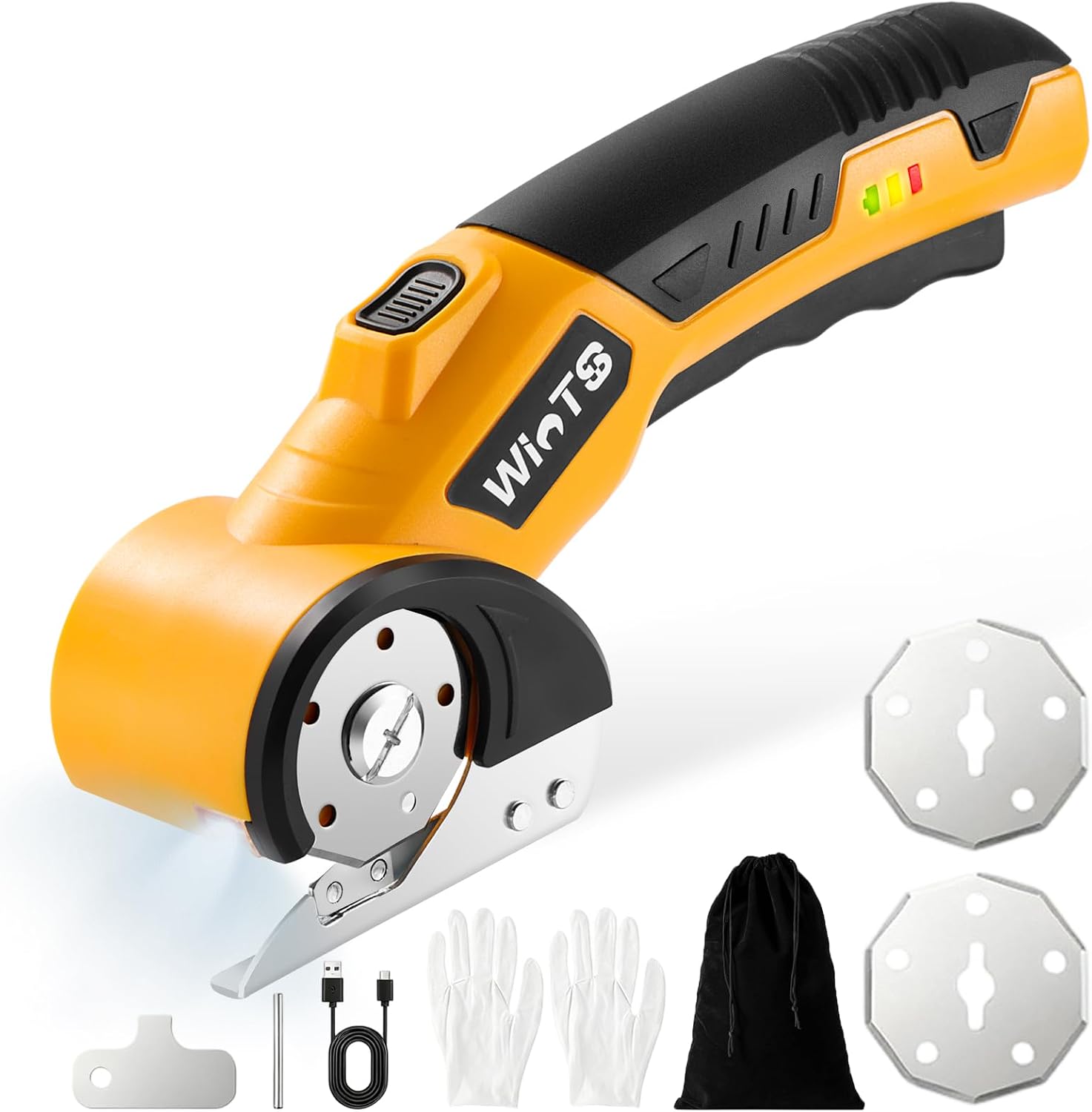 WINTS Cordless Electric Scissors,High-capacity 2000mah Battery 4V Cardboard Cutter with Safety Lock & LED Light, Rechargeable Rotary Cutter for Box Carpet Plastic Fabric With 2 Blades (Yellow)
