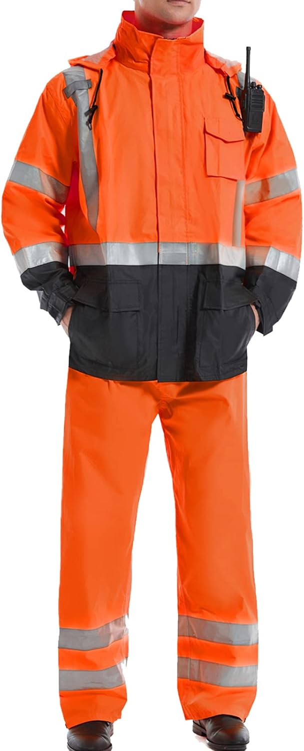 SKSAFETY Hi Vis Safety Rain Jacket for Men, Construction Work Rain Gear Heavy Duty Class 3 Rain Coat Waterproof Lightweight