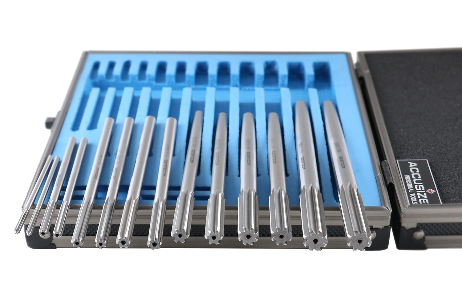 Accusize Industrial Tools Dowel Pin Reamer Size: 0.1230" Thru 0.4995", HSS M2 Premium Chucking Reamer Set, Right Hand Cut, 14 pcs Set, 5528-ST00