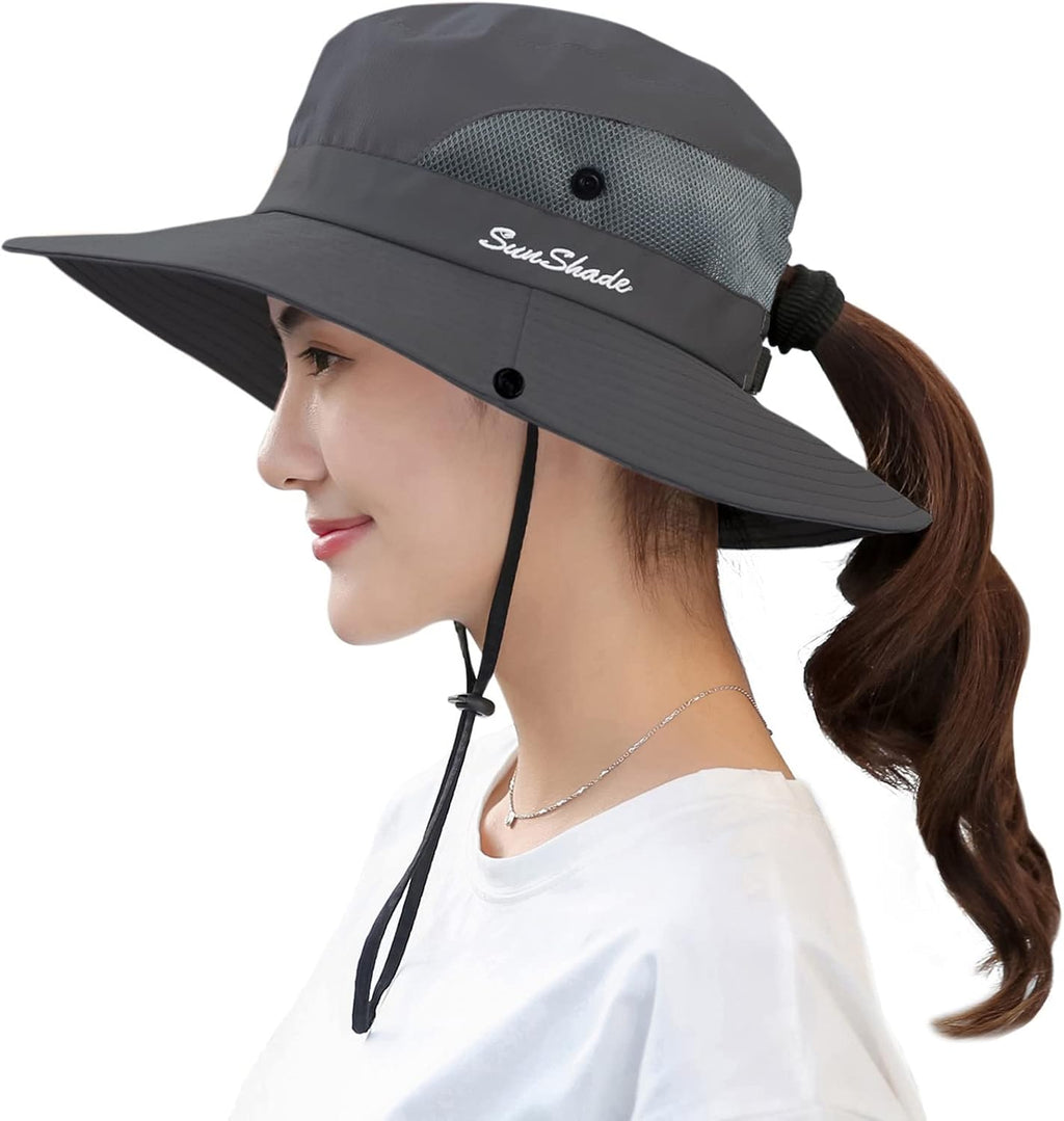 Muryobao Women's Ponytail Sun Hat UV Protection Foldable Mesh Wide Brim Beach Fishing Hat