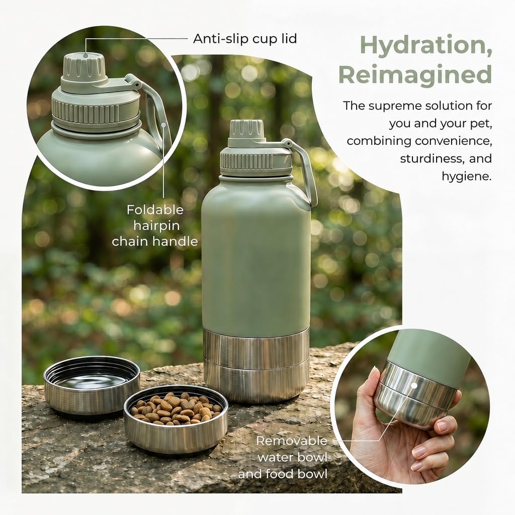 RYNVALE 32oz Insulated Stainless Steel Pet Water Bottle with Dog Bowl