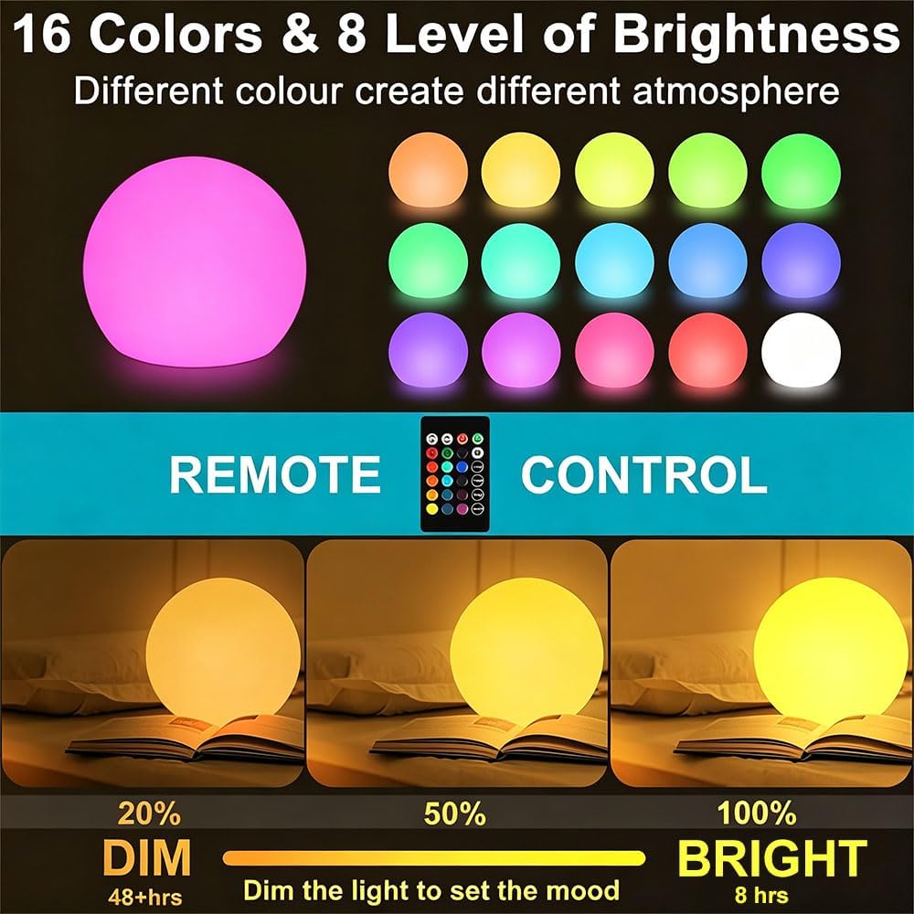 8-in LED Glowing Ball Light, Dimmable LED Globe Orb Light Mood Lamp for Kid